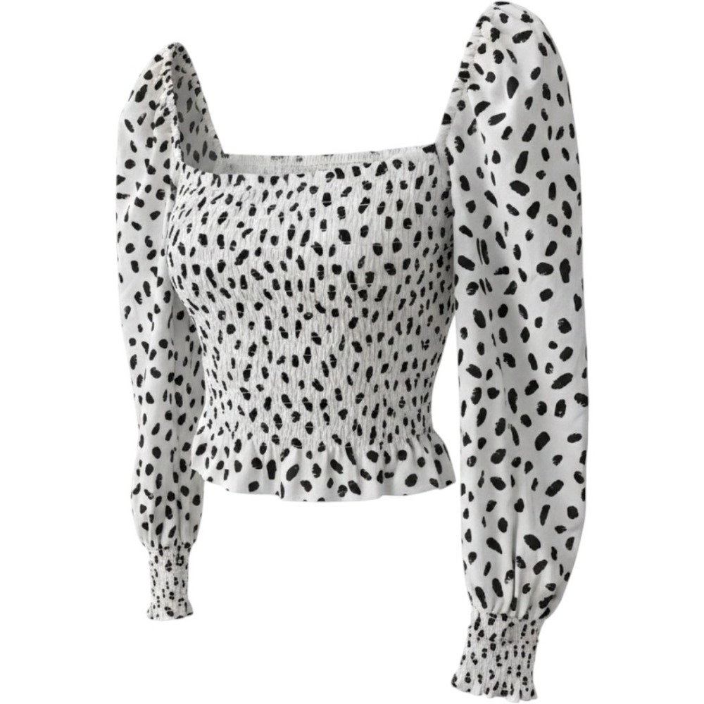Bar III Womens Dalmatian Print Smocked Puff Sleeve Blouse White‎ Black Large